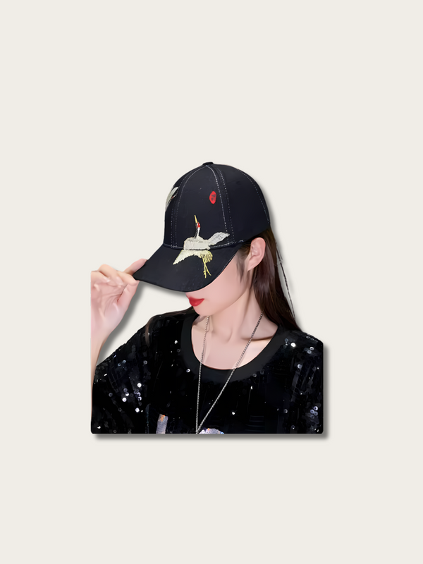 Embroidered Denim Crane Japanese Cap - White
