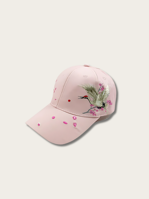 Cherry Cranes Embroidered Japanese Cap - Pink
