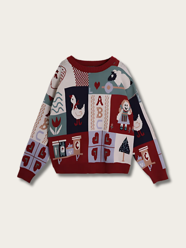 Pastoral Patchwork Japanese Knit Sweater - Red