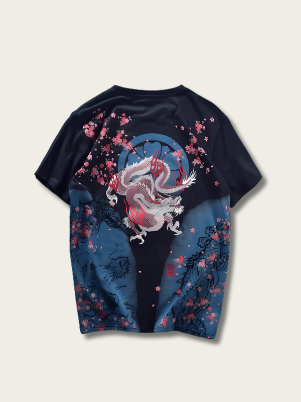 Celestial Dragon Blossom Japanese T Shirt - White