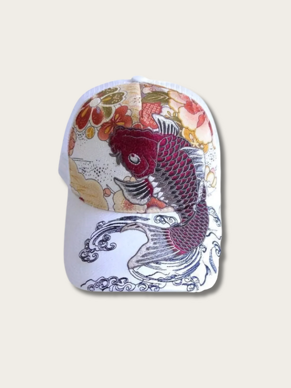 Koi Flow Embroidered Japanese Cap - White