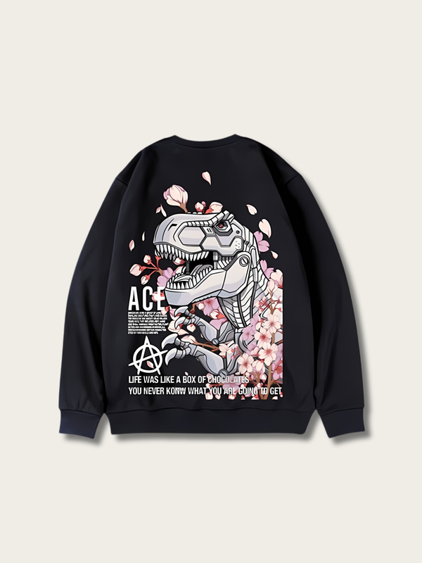 Printed Dinosaur Round Neck Japanese Sweatshirt - Medium
