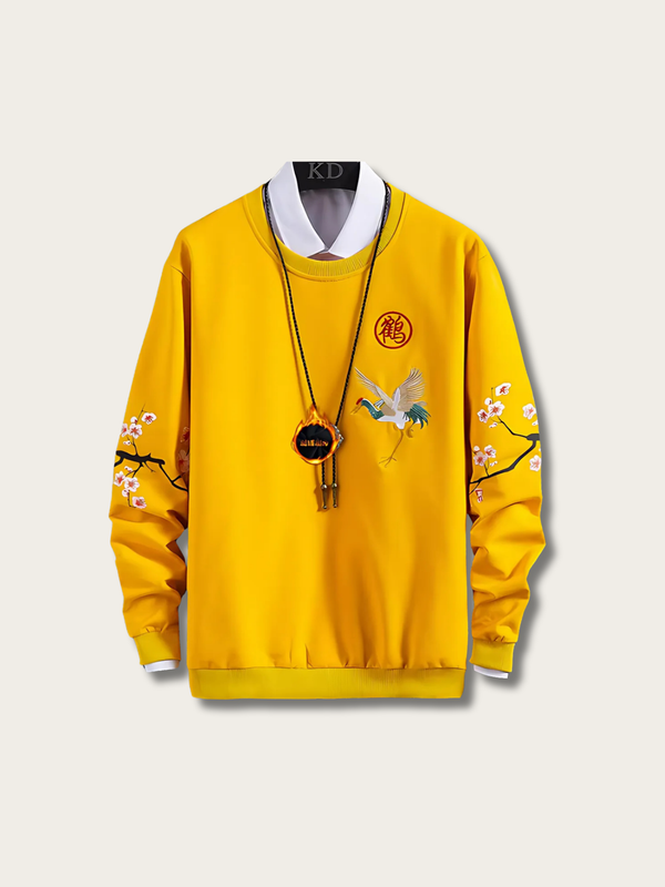 Elegant Crane Embroidered Japanese Sweater - Medium