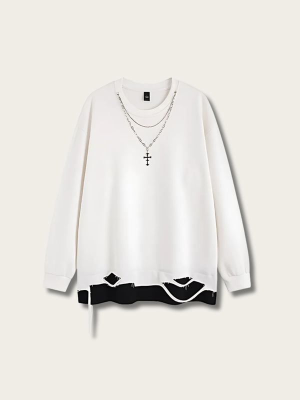 Edgy Layered Ripped Japanese Sweatshirt - Medium