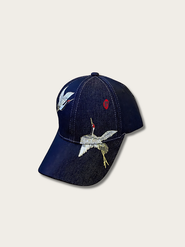 Embroidered Denim Crane Japanese Cap - Blue