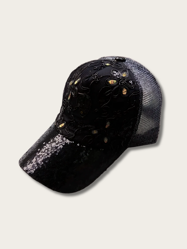 Shimmer Blossom Sequin Japanese Cap - Black