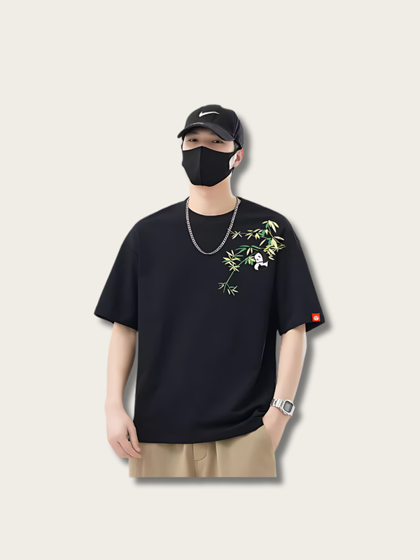 Embroidered Panda Tree Japanese T Shirt - Medium