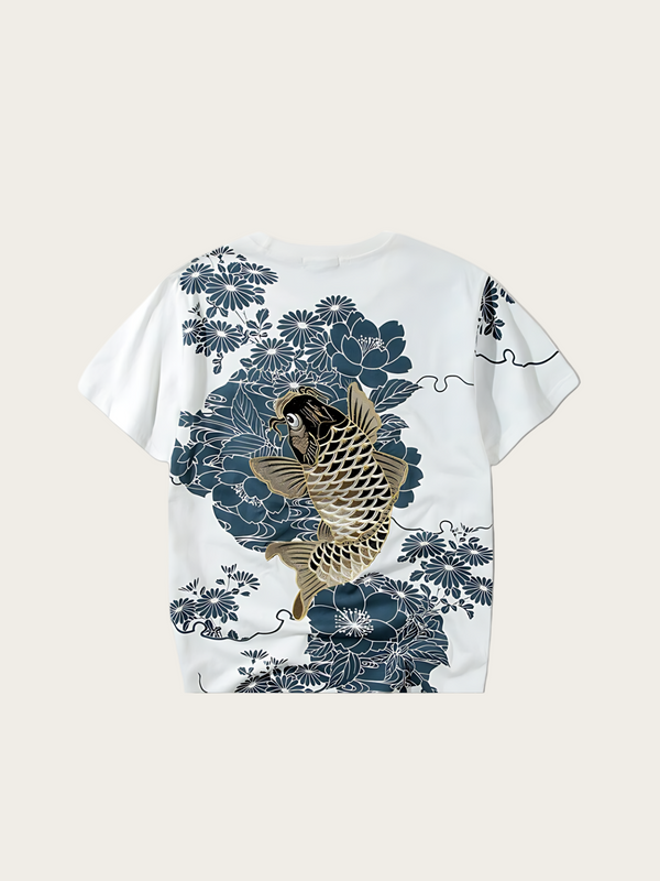 Floral Koi Harmony Japanese T Shirt - Medium