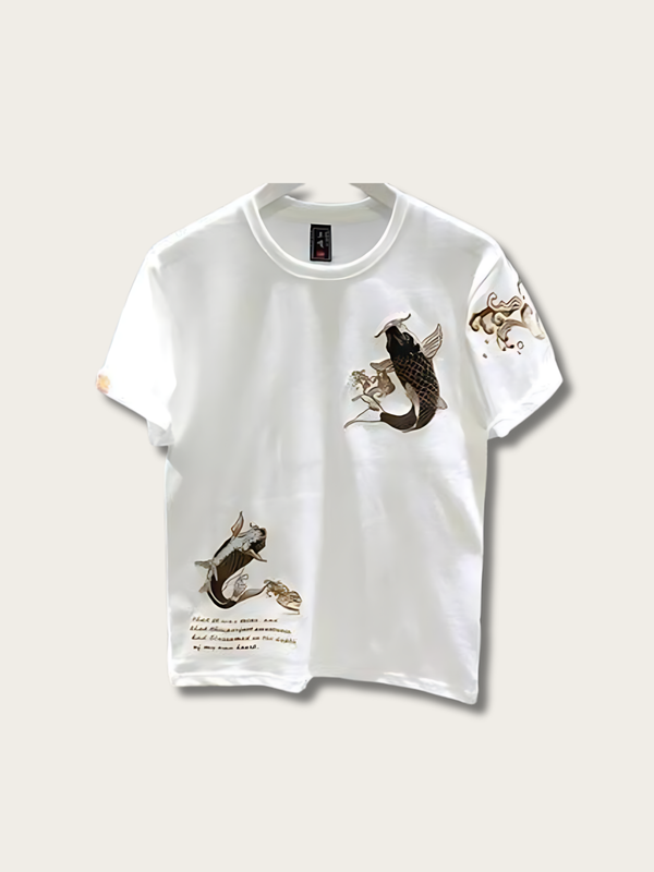 Carp Embroidery Japanese T Shirt - Medium