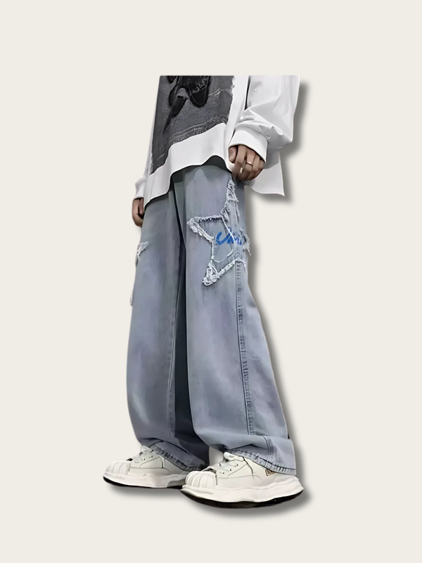 Denim Star Embroidered Japanese Pants - Small