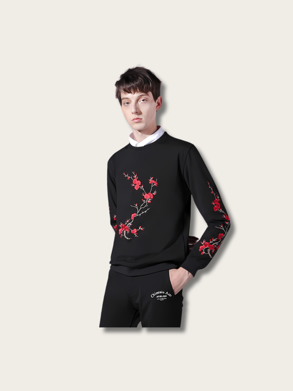 Embroidered Crimson Blossom Japanese Sweatshirt - Large