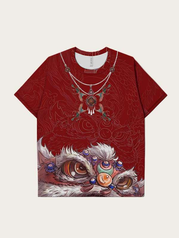 Dancing Print Lion Japanese T Shirt - Small