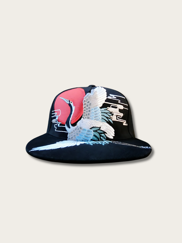 Printed Crane Design Japanese Cap - Black