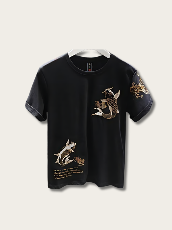 Carp Embroidery Japanese T Shirt - Medium