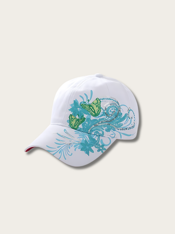 Embroidered Floral Elegance Japanese Cap - White