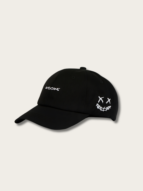 Smiley Letter Stitch Japanese Cap - Black
