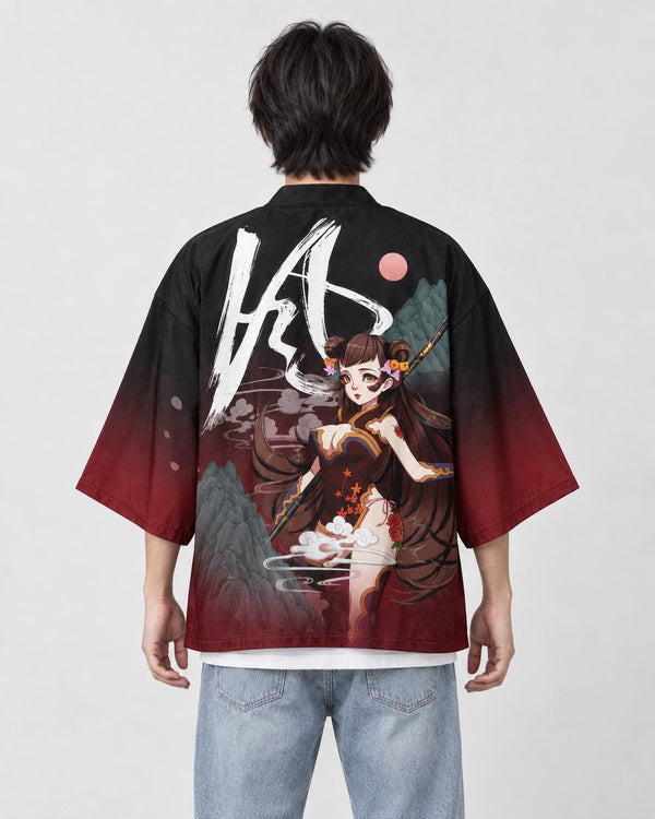 Man seen from behind in the black haori fading to red, with a white brush character and a girl with a spear on the back