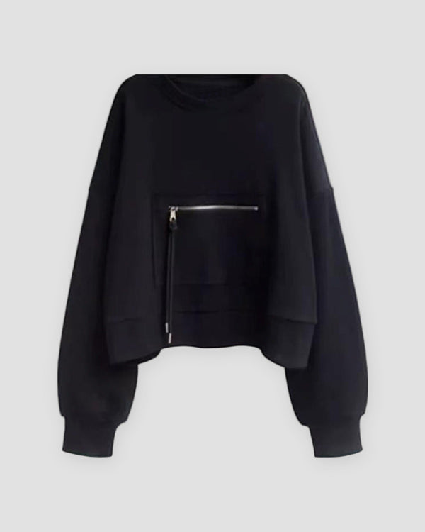 Black cropped zip pocket sweatshirt, front view