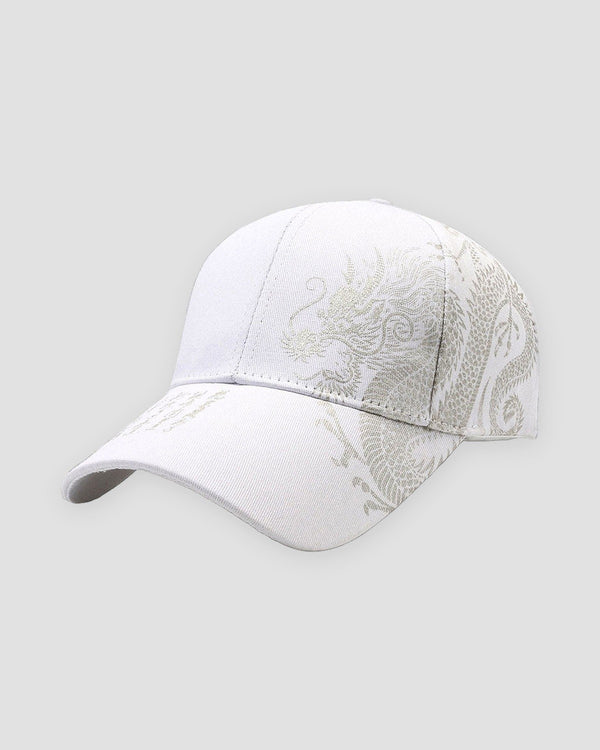 White dragon embroidered baseball cap, front view, tone-on-tone silver dragon along the crown