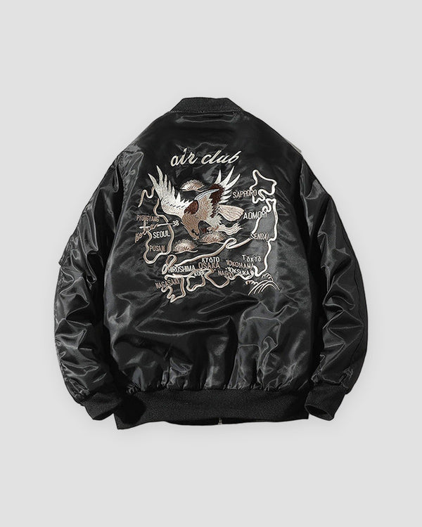 Black padded bomber jacket seen from behind with the air club eagle and Japan map embroidery and a sleeve pocket