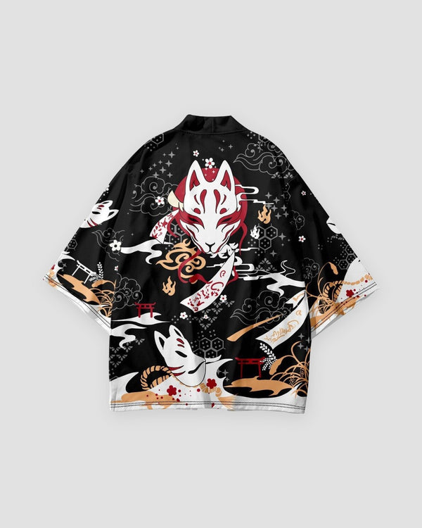 Black fox mask print kimono, back view, white fox mask with red markings