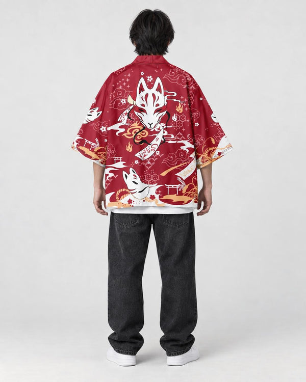 Model wearing the red fox mask kimono, back view of the fox mask print