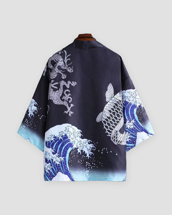 Black haori jacket on a hanger, back view with a gray dragon, a carp and a blue and white wave