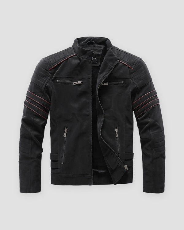 Black brushed PU biker jacket with red piping, ribbed sleeve bands and zip pockets, front view