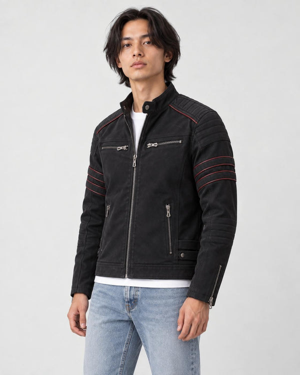 Model wearing the black PU biker jacket with red-piped sleeve bands over a white tee and light jeans, three-quarter view