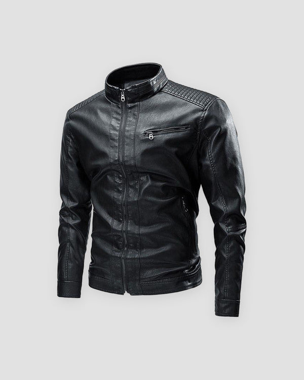 Black PU leather biker jacket with a stand collar, padded shoulders and a zip chest pocket, front view