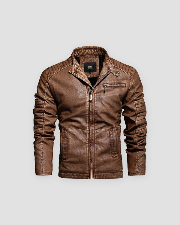 Brown PU leather biker jacket with a stand collar, quilted shoulders and ribbed sleeves, front view