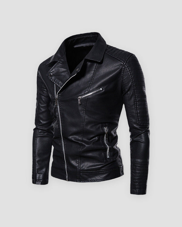 Black leather-look biker jacket with diagonal zip and quilted shoulders, front view