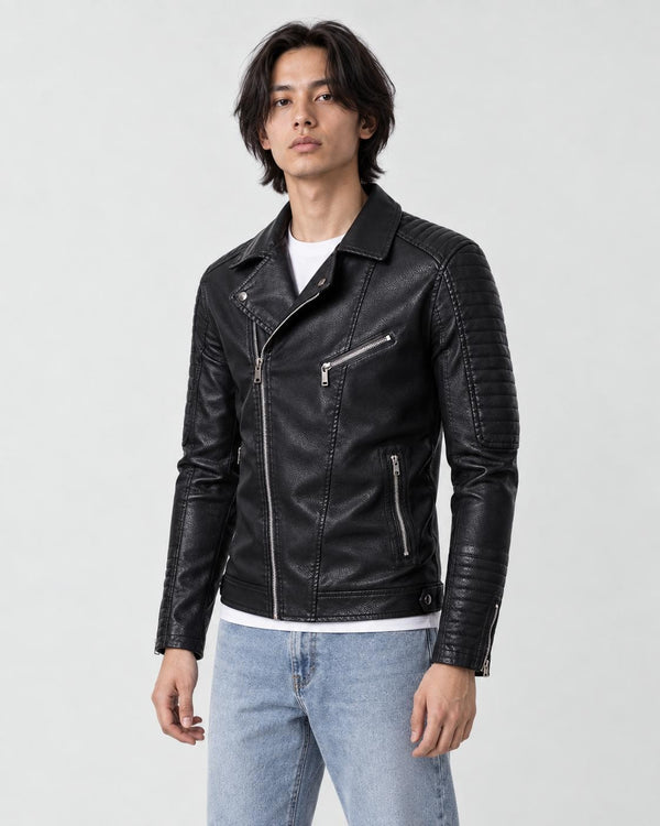 Man in a black leather-look biker jacket with an asymmetric zip over a white tee, three-quarter view