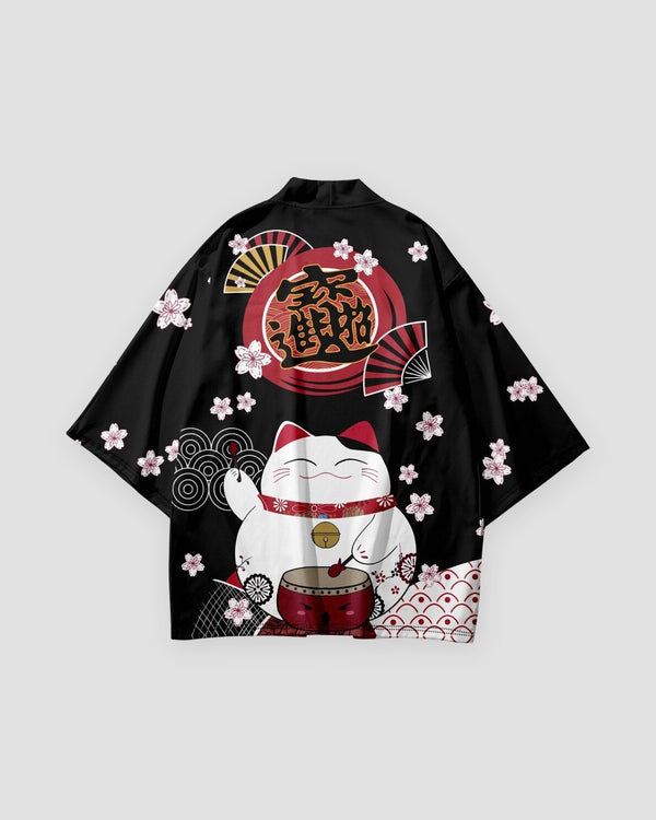 Back of the black haori with a red circle of gold characters, a white lucky cat with a red drum and pink cherry blossoms