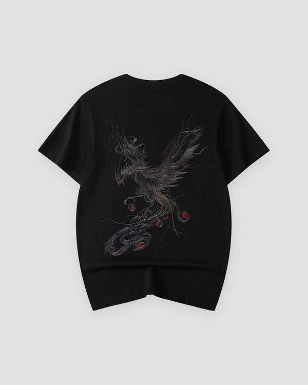 Black phoenix embroidered T-shirt, back view, grey and silver phoenix with red accents