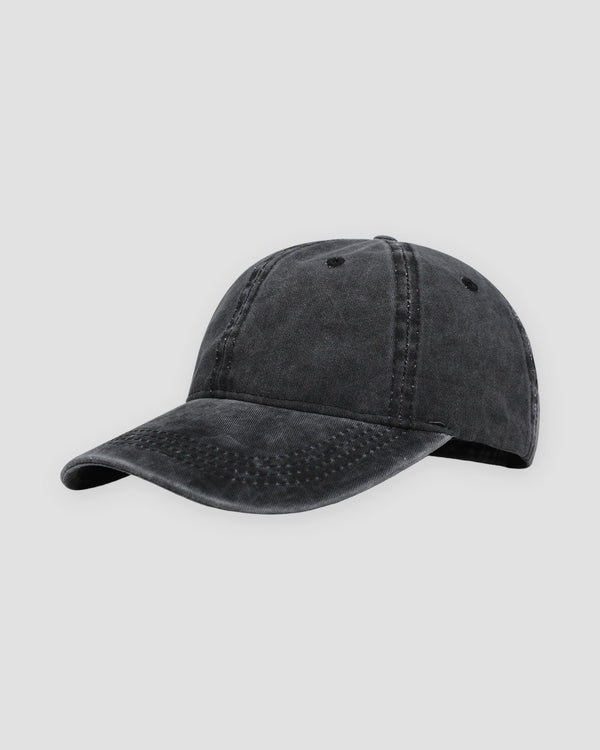 Black washed cotton baseball cap with a curved brim and no logo