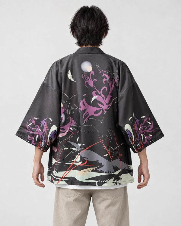 Model wearing the raven haori cardigan open over a white tee, back view