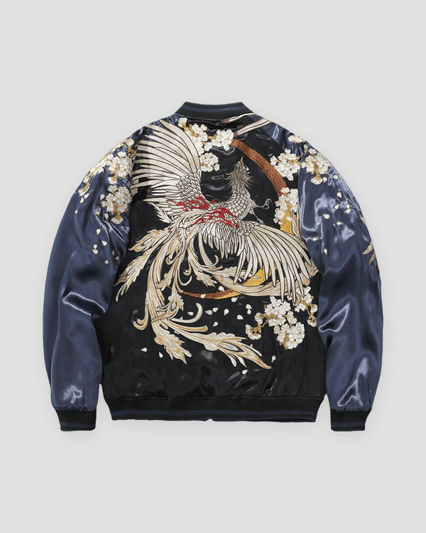 Back of the black jacket with a large silver and cream phoenix among cherry blossoms and navy raglan sleeves