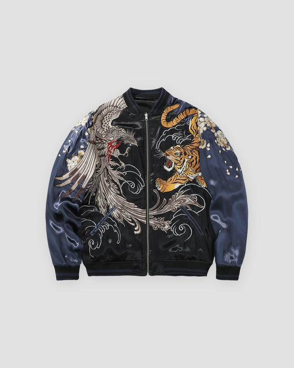 Black souvenir jacket with navy sleeves, a silver phoenix on the left chest and an orange tiger on the right chest