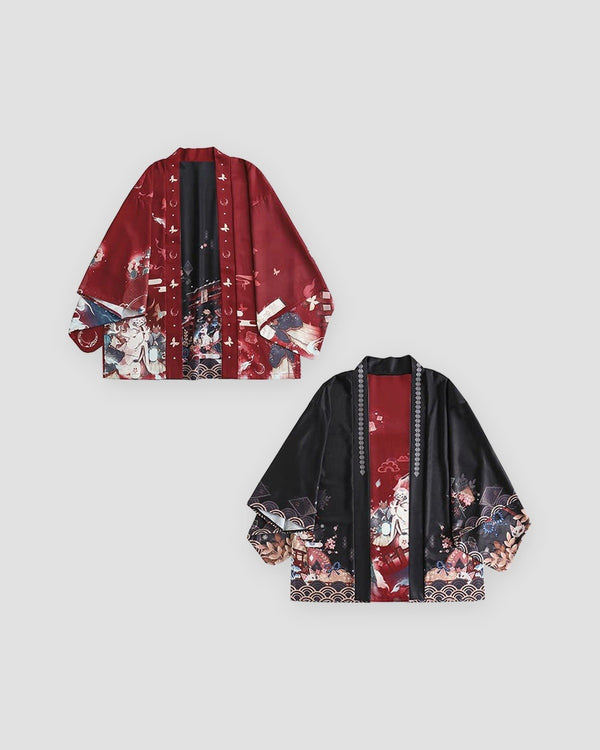 Reversible sakura print kimono jacket, red side and black side
