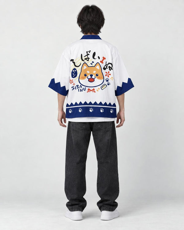 Model wearing the shiba inu print haori, back view