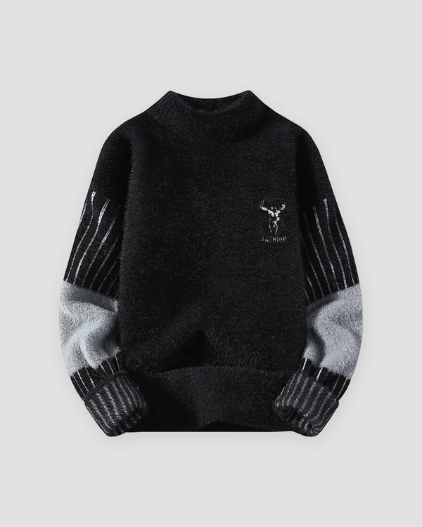 Black fuzzy sweater with a small stag on the chest and gray lower sleeves
