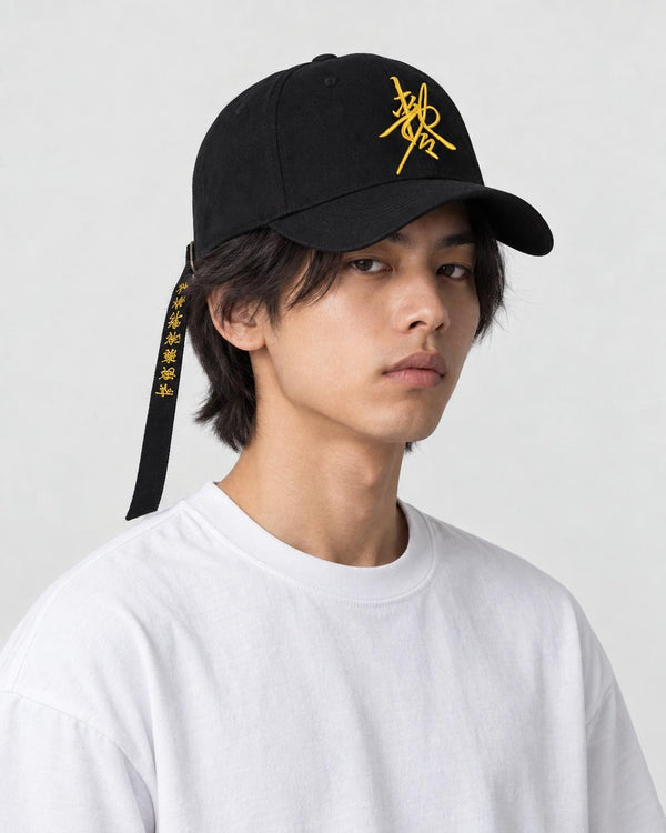 Model wearing the Taoist talisman embroidered cap, three-quarter view