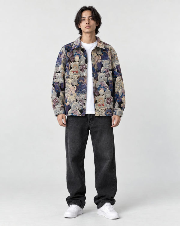 Model wearing the teddy bear jacquard overshirt open over a white tee, front view