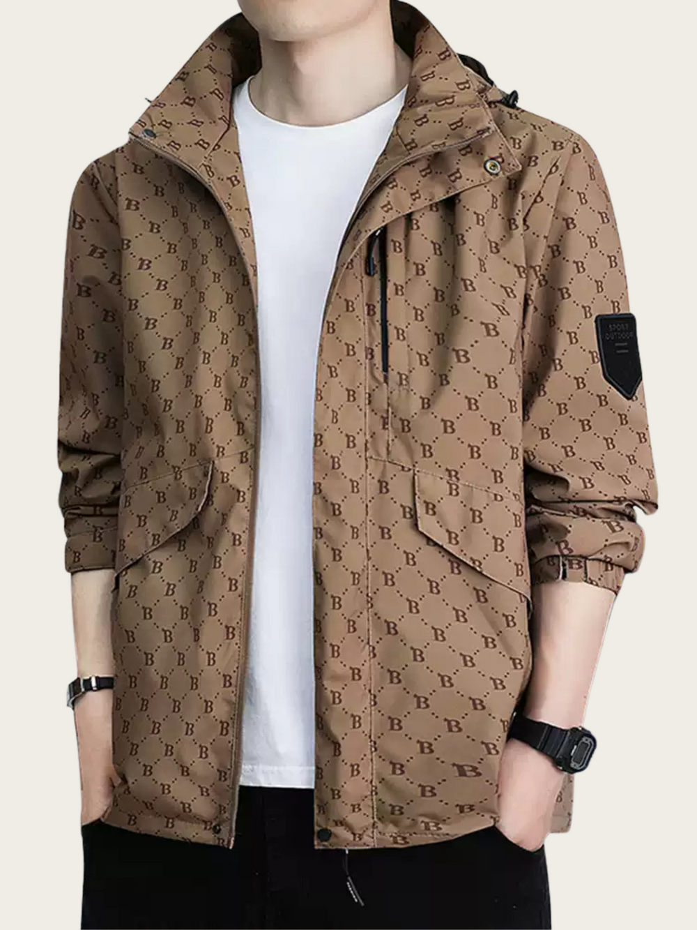Brown patterned jacket worn by a person on a white background