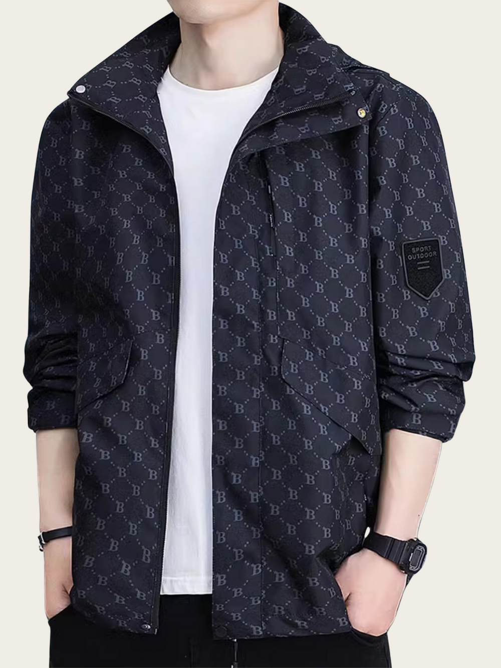 Navy blue patterned jacket worn by a person on a light gray background