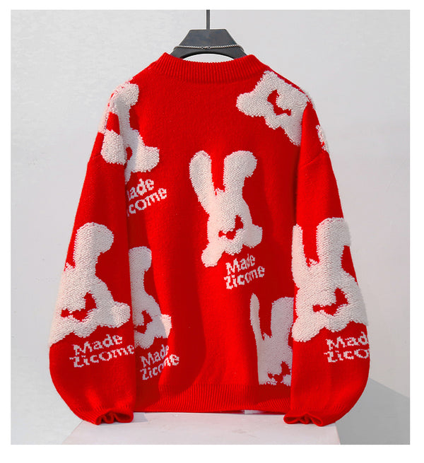 Bunny Pattern Knit Japanese Sweatshirt - Medium