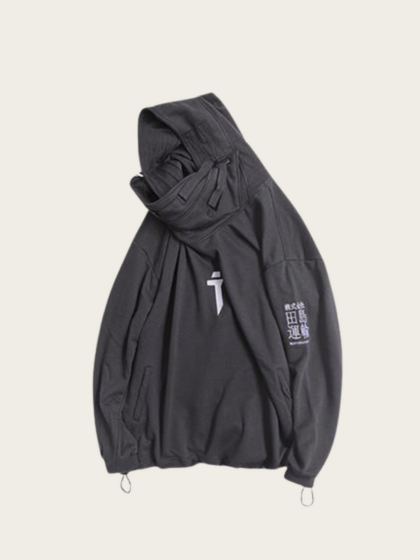 Dark gray hoodie with brand logo on a light gray background