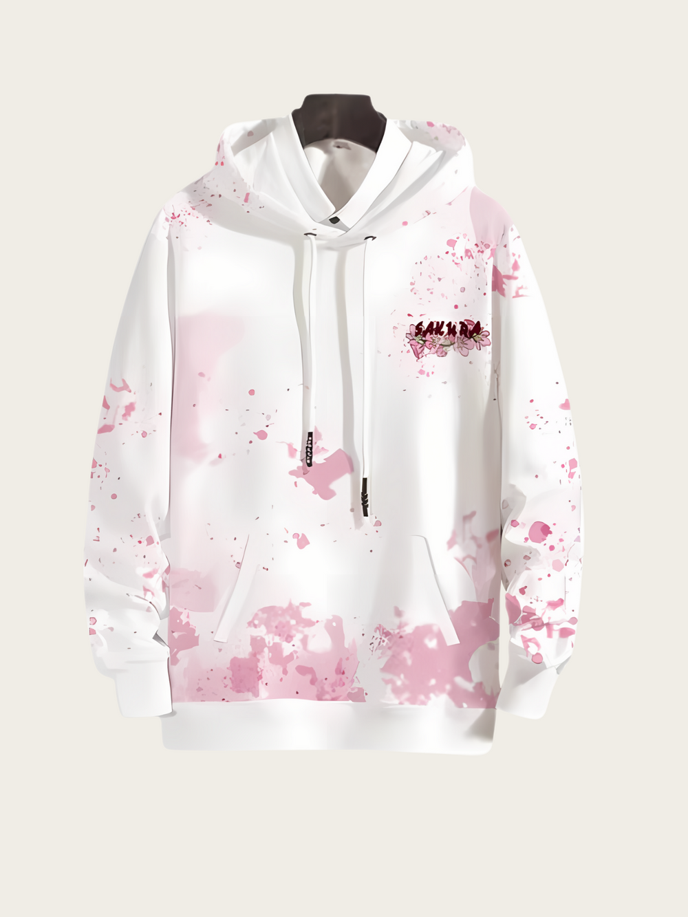 White hoodie with pink floral pattern on a white background