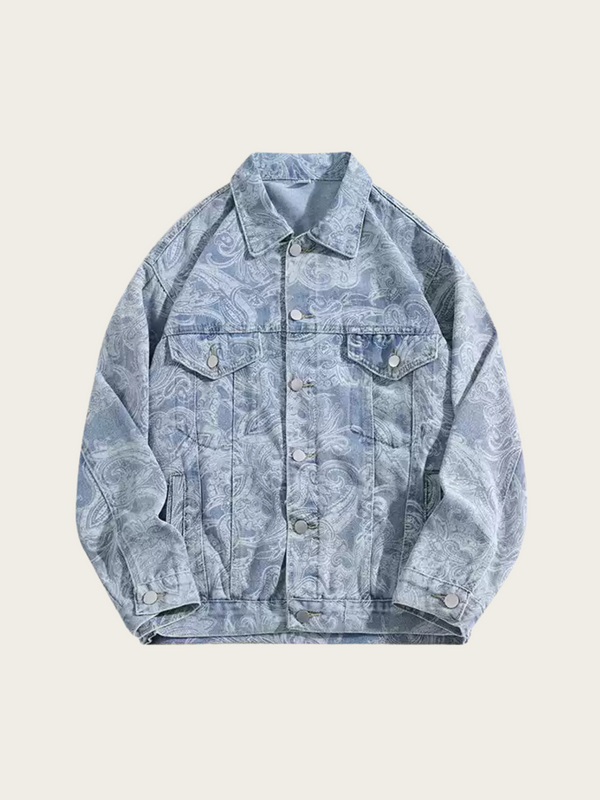 Blue denim jacket on a light beige background